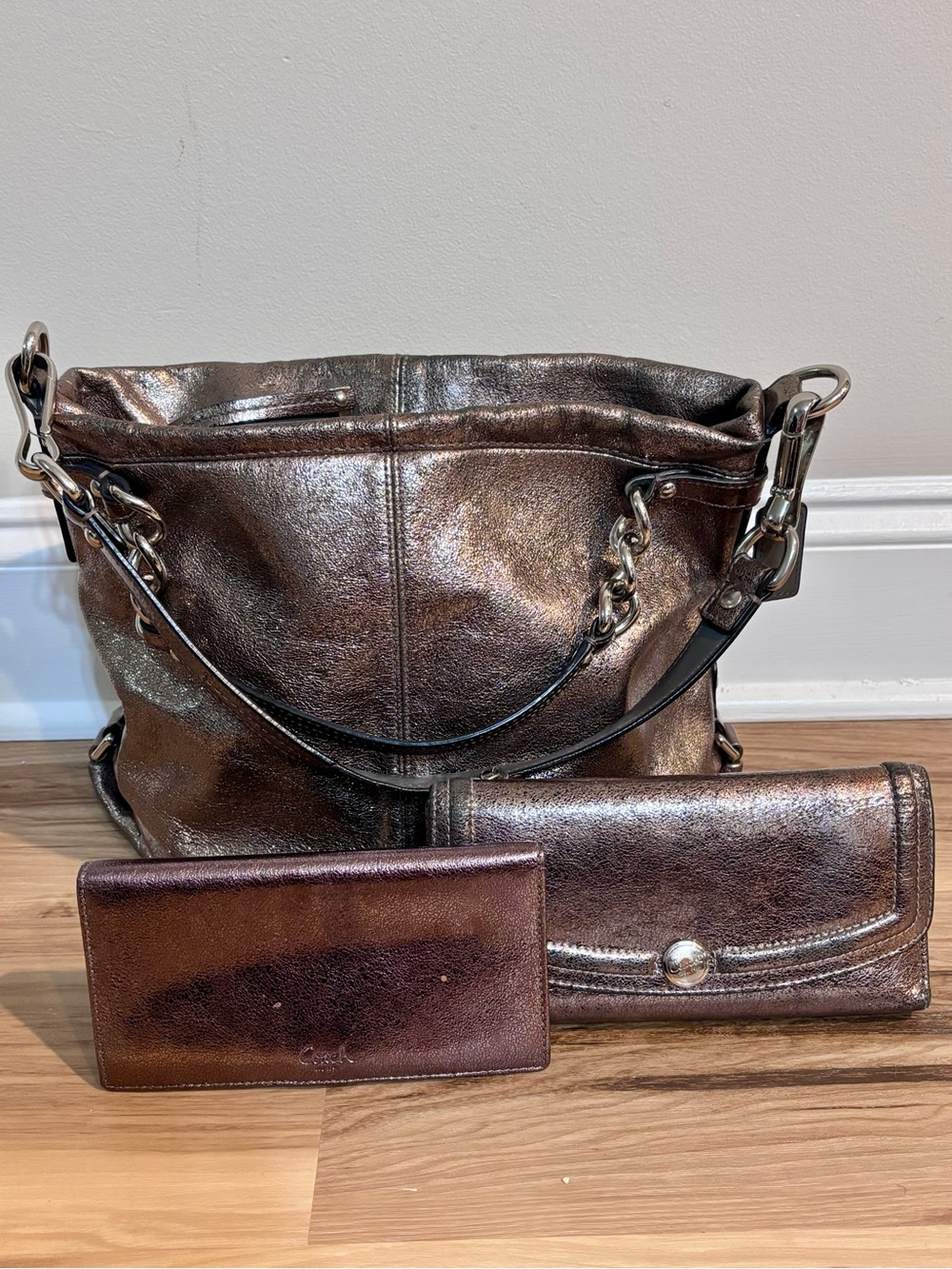 Coach Brooke Hobo Bag in Rose Metallic Leather with Matching Wallet Set
